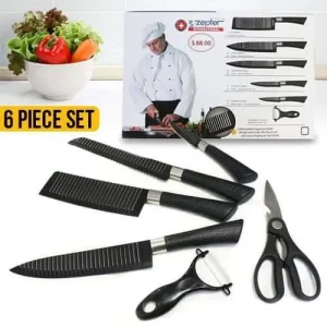 Conjunto de 6 facas de cozinha Zepter International com lâminas texturizadas e ranhuradas.